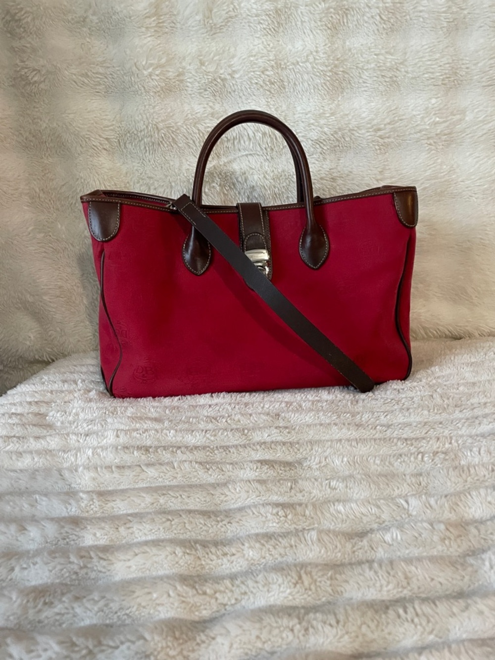 Dooney & Bourke Red Tote with Brown Trim and Shoulder Strap